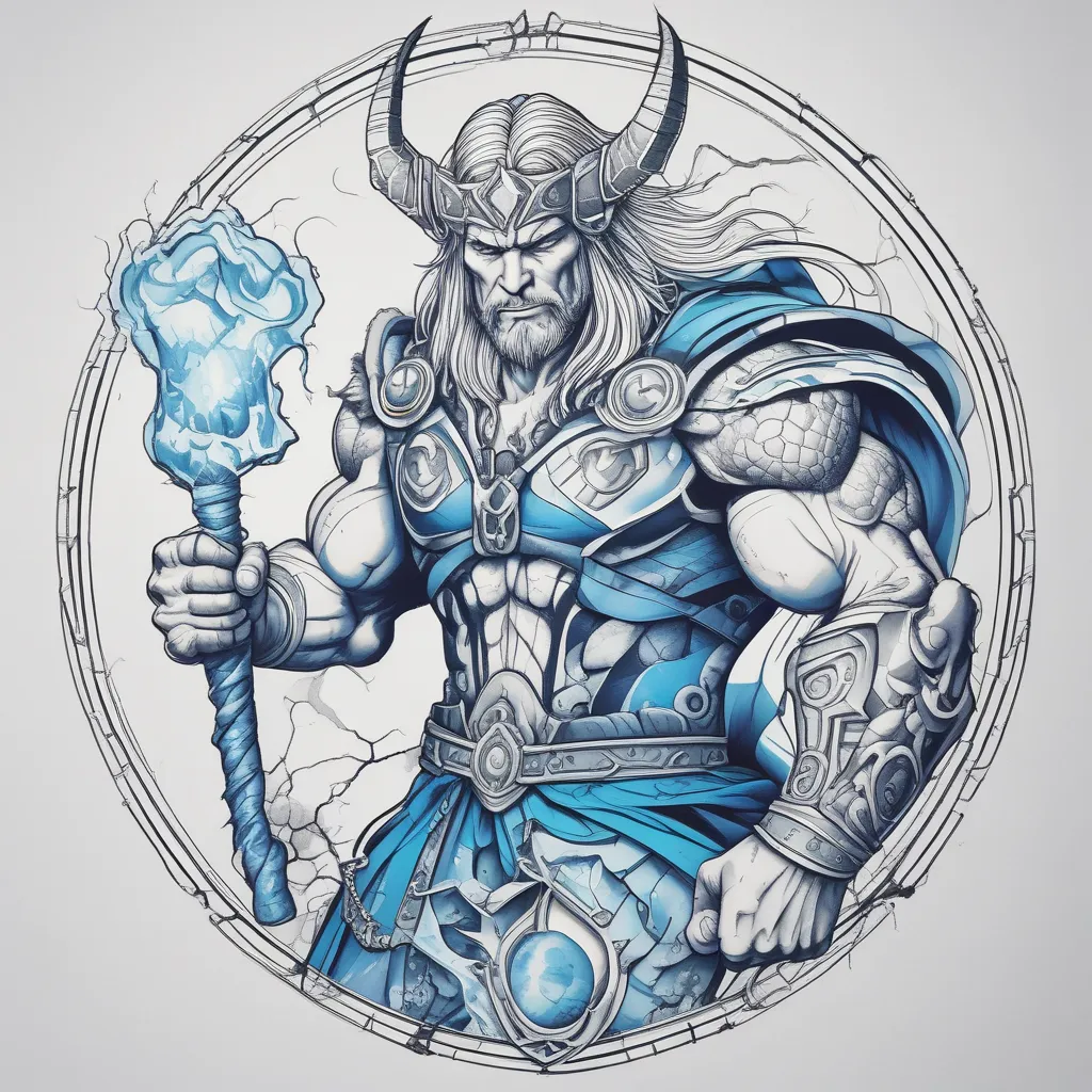 Thor with his hammer and lightning in blue and white tatouage