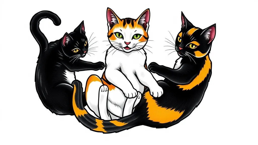 three cats playing arround, one is black, one is white and yellow, one is three colored(black yellow and white) tatuaż