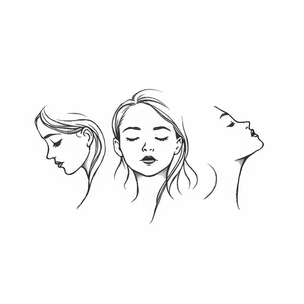 . Три женских силуэта / лица — одна ты, но в трёх состояниях
Одна — с опущенной головой (боль, растерянность)
Вторая — смотрит вперёд (поиск, внутренняя борьба)
Третья — с лицом, повернутым к небу, или с закрытыми глазами (принятие, начало понимания) टैटू