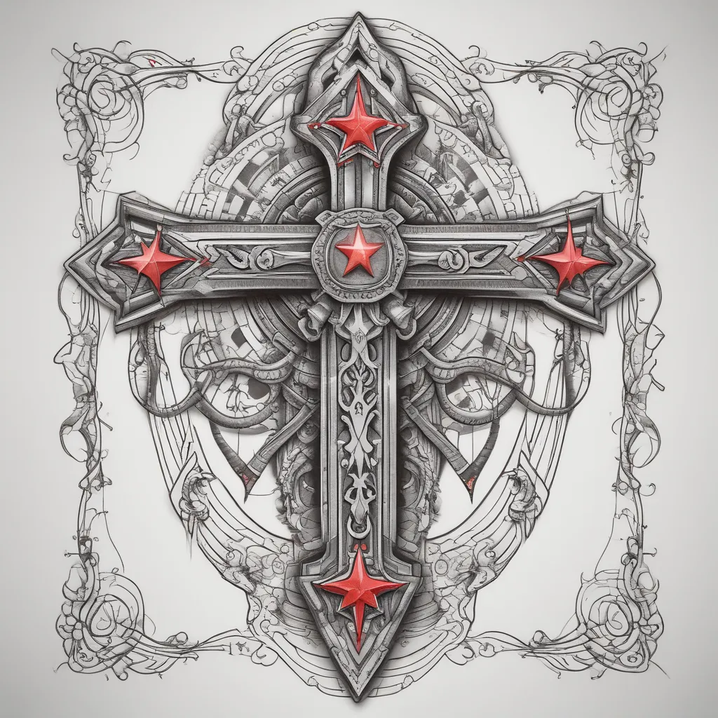 three red stars at the bottom, two crossed shotguns, ankh, metalhead inspired, metal music, metal logos, tanks, military inspired, viking inspired, runes, whole arm tattoo, white background, tattoo design
 纹身