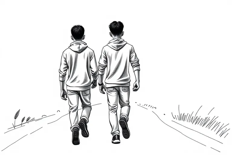 three young black brothers walking away down the road  tattoo