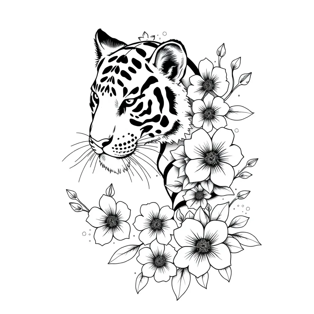 tigre cuerpo entero con flores tattoo