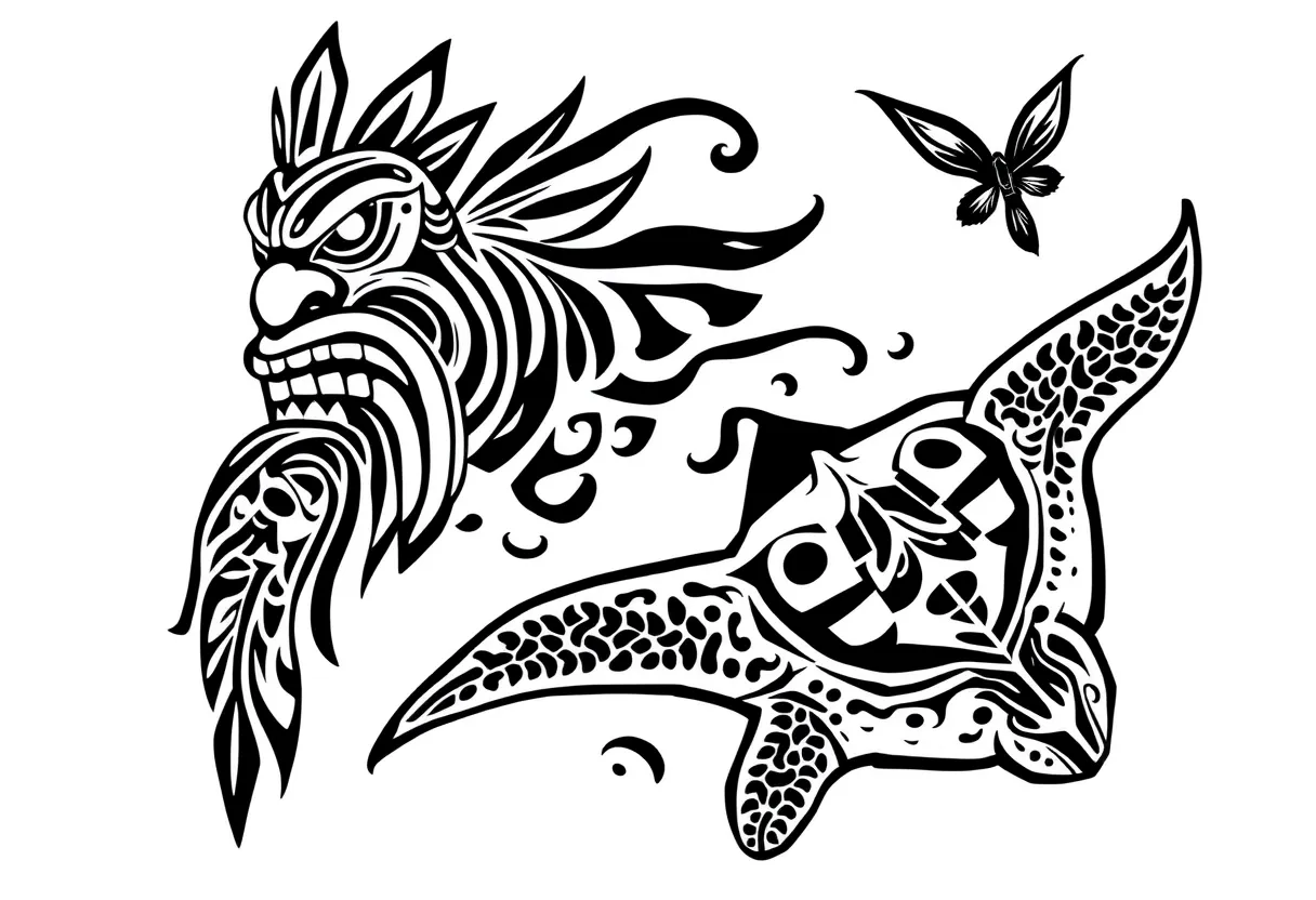 tiki and turtle and manta ray tatuaggio