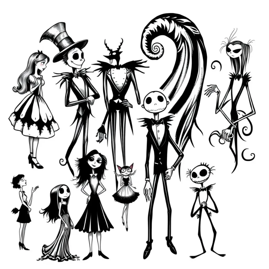 tim burton-style tattoo with all these characters Alice and the Mad Hatter from Alice in Wonderland, Jack and Sally from Nightmare Before Christams, Coraline and the Cat from Coraline and the Magic Door, Edward Scissorhands, The Grinch, Beetlejuice, Frankenweenie tattoo