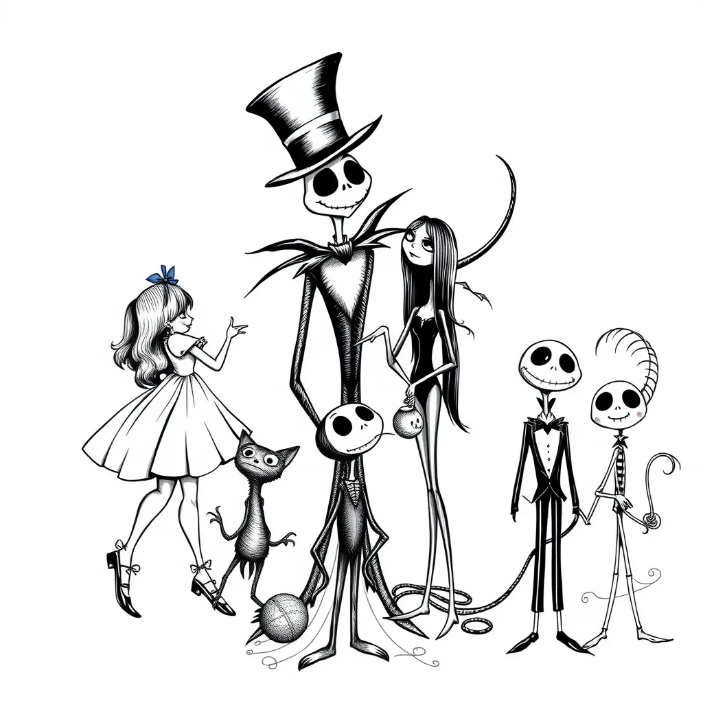 tim burton-style tattoo with all these characters Alice and the Mad Hatter from Alice in Wonderland, Jack and Sally from Nightmare Before Christams, Coraline and the Cat from Coraline and the Magic Door, Edward Scissorhands, The Grinch, Beetlejuice, Frankenweenie tattoo