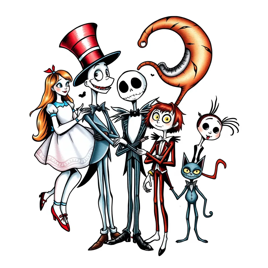 tim burton-style tattoo with all these characters Alice and the Mad Hatter from Alice in Wonderland, Jack and Sally from Nightmare Before Christams, Coraline and the Cat from Coraline and the Magic Door, Edward Scissorhands, The Grinch, Beetlejuice, Frankenweenie tattoo