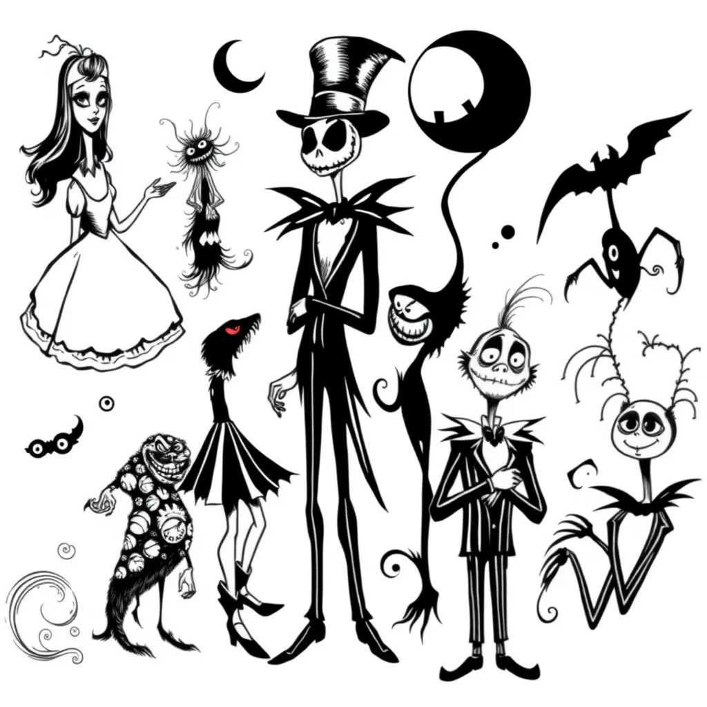 tim burton-style tattoo with all these characters Alice and the Mad Hatter from Alice in Wonderland, Jack and Sally from Nightmare Before Christams, Coraline and the Cat from Coraline and the Magic Door, Edward Scissorhands, The Grinch, Beetlejuice, Frankenweenie tattoo