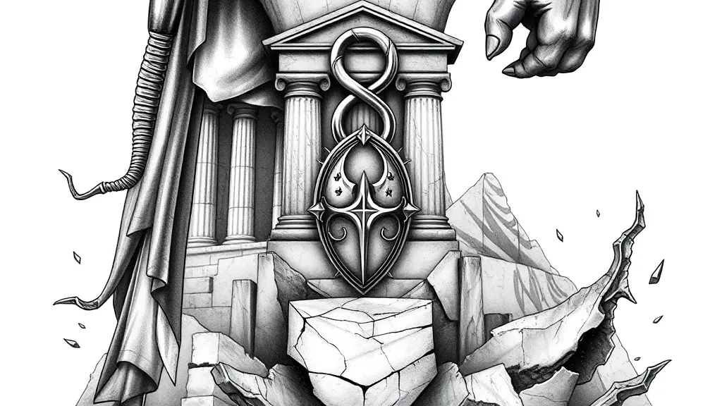 Titan Kronos, im Hintergrund ein Tempel der die sich Ober den kompletten Oberschenkel zieht. Dazu die Hook von dem Song Erfolg ist kein Glück auf einer Marmorplatte Zeichen Kronos und dem Knie Im Kniebereich Rüstungsteile von Leonidas und Cäsar auf einem zerbrochenen Podest, Schienbein ein Riss zur Hölle mit passenden Motiven für das Sleeve. Bedenke ich habe ein Flügel Tattoo auf der Rückseite der Wade das Sleeve soll über das komplette Bein gehen also vom Knöchel bis zu Hüfte und komplett rundherum tatuering