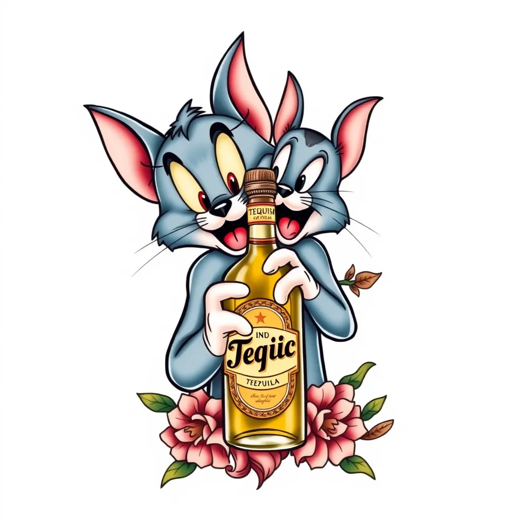 Tom y Jerry con los ojos rojos y una botella de tequila  纹身