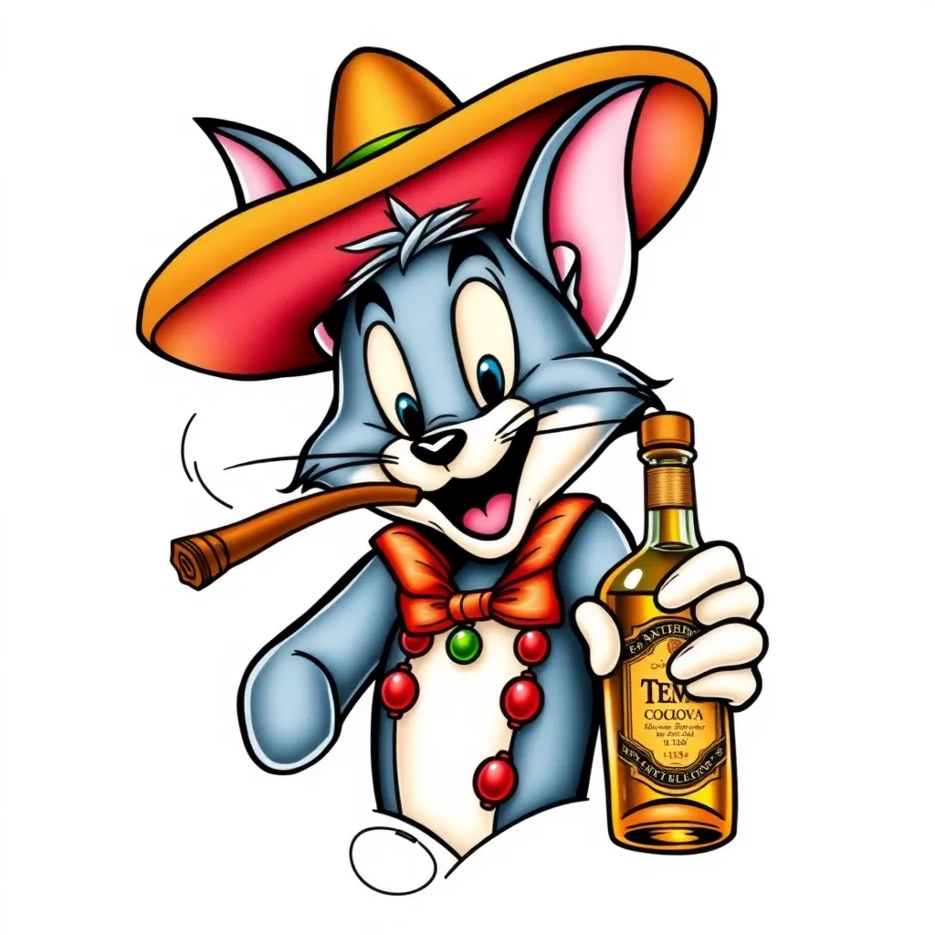 Tom de Tom y Jerry con un sombrero de mariachi, un cigarro en la boca y una botella de tequila en la mano  纹身