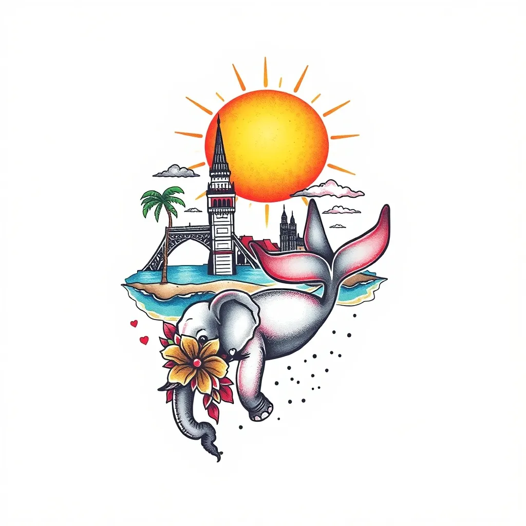 Tatouage lié au voyage, Londres, Sri Lanka, Thaïlande, la plage, le soleil, un éléphant, queue de baleine,  tetování