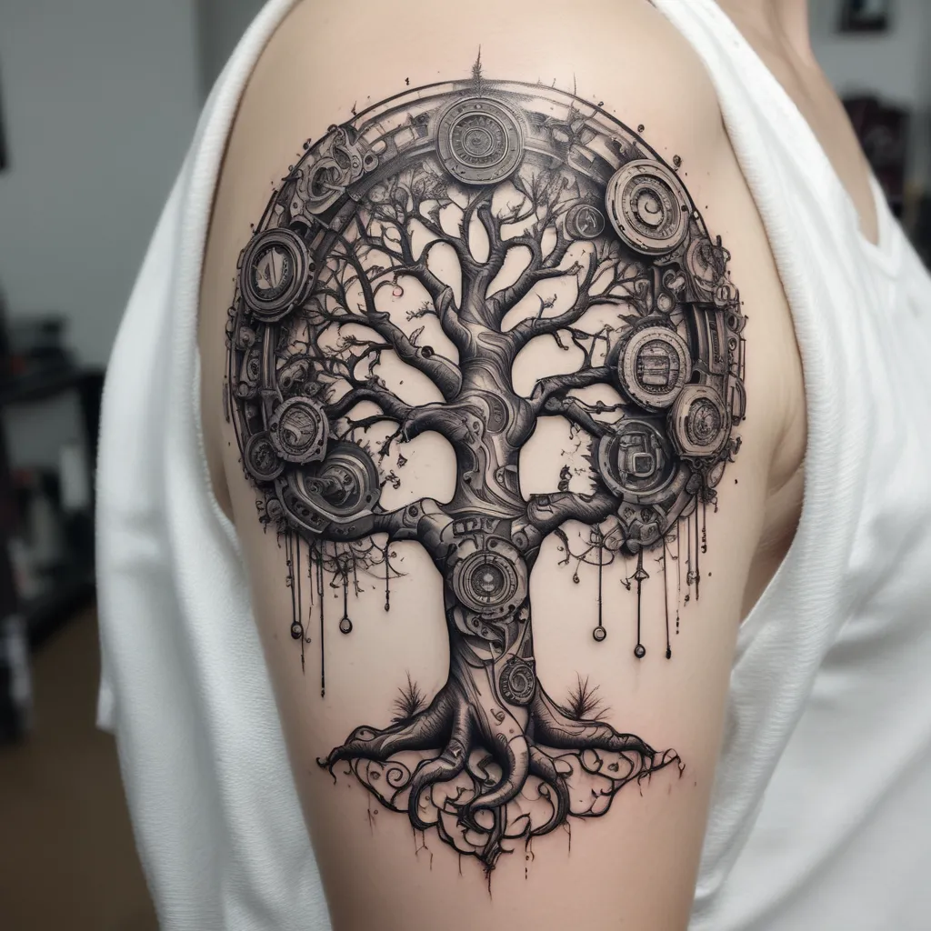 Tree made of mechanical parts tatuaje