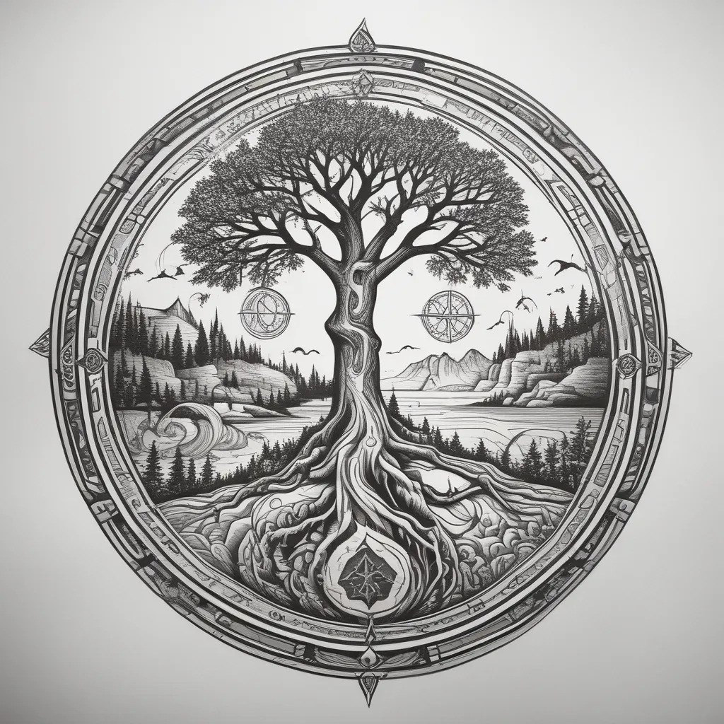 Tree of life house rune compass stone road  tattoo