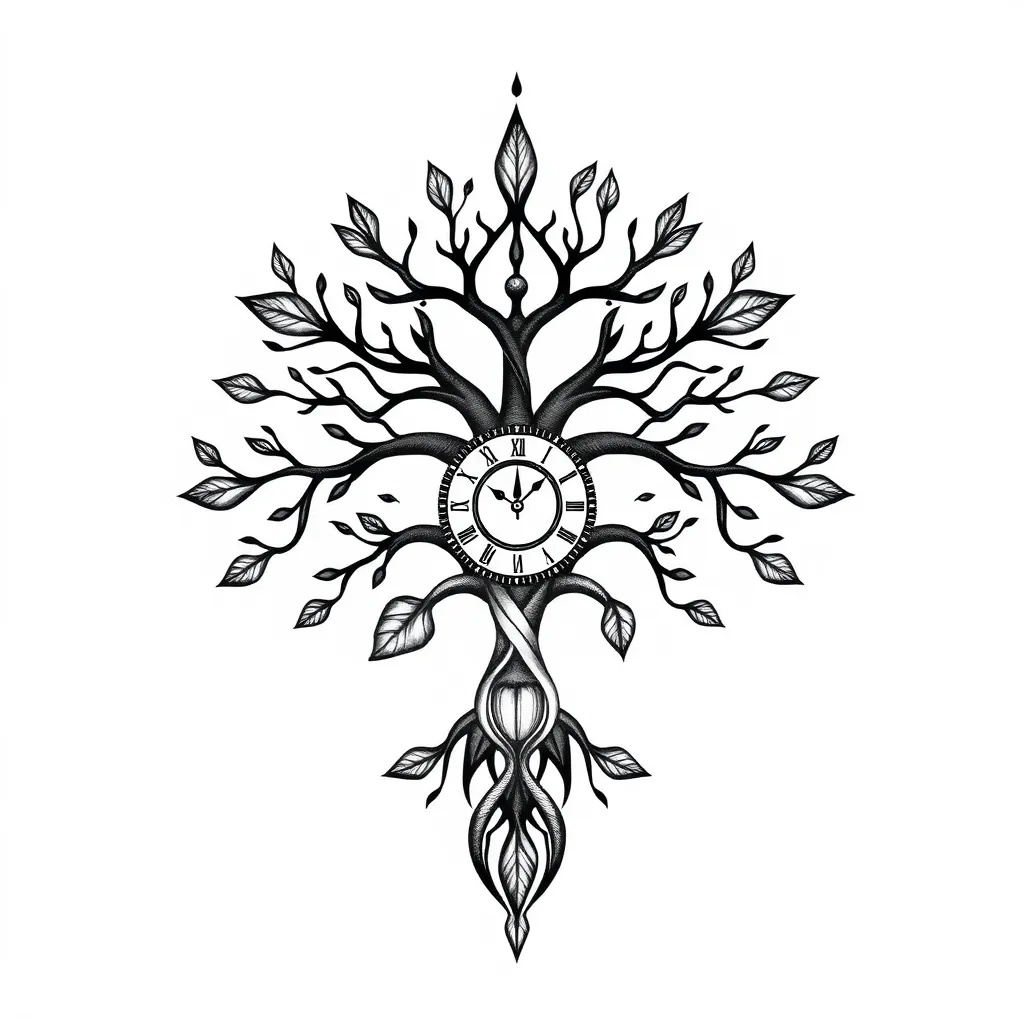 Tree of life with seed at roots and clock in middle tatoeage