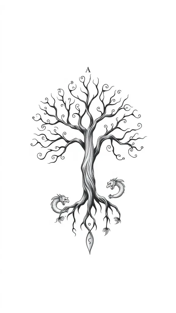 Tree of life with viking runes and little dragons tattoo