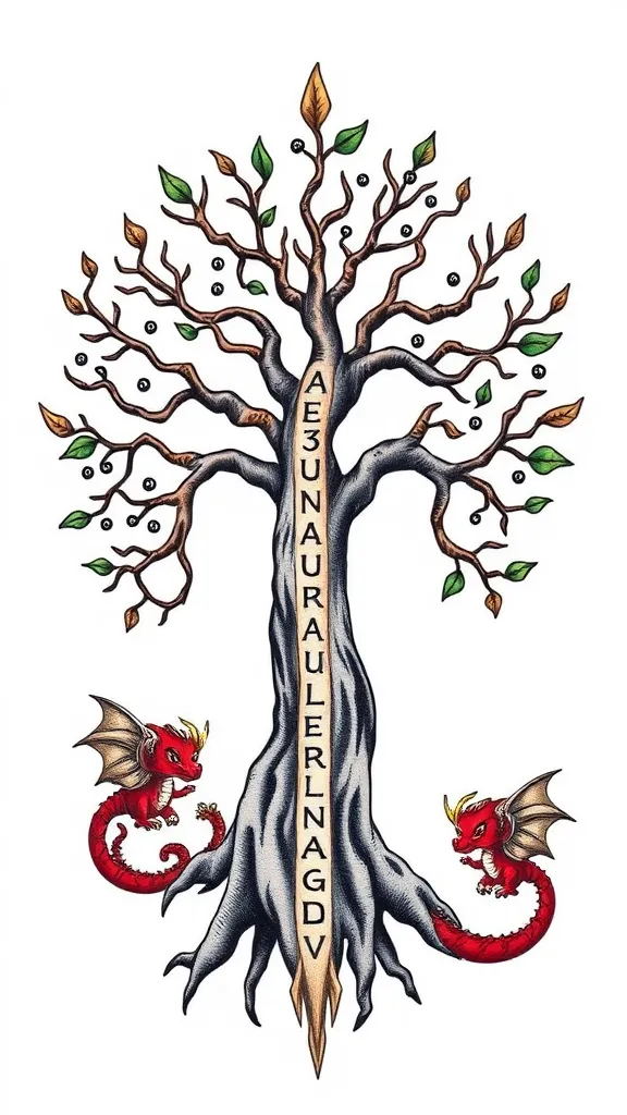 Tree of life with viking runes and little dragons tattoo