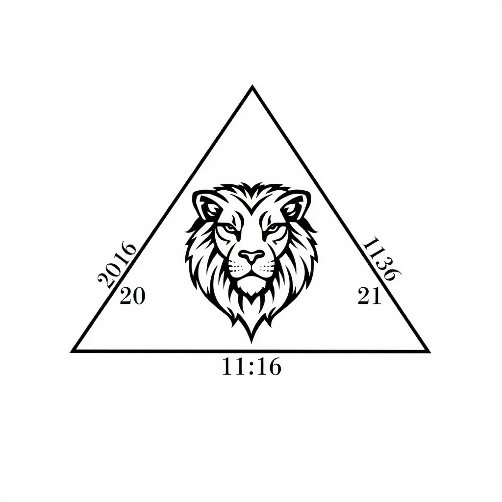 三角形图形，粗边框，三条边都写着出生年月日，如（2016.11.21），三角形的中间有个狮子的头像。 وشم