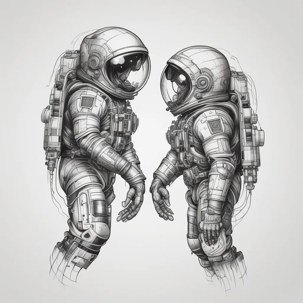 Two astronauts floating in space, touching hands 문신