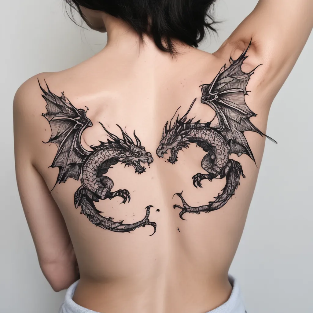 two dragons flying for woman tattoo