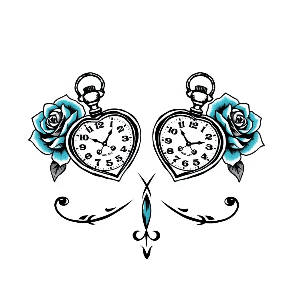 deux montres à gousset en forme de coeur et deux roses couleur cyan sur les côtés 纹身