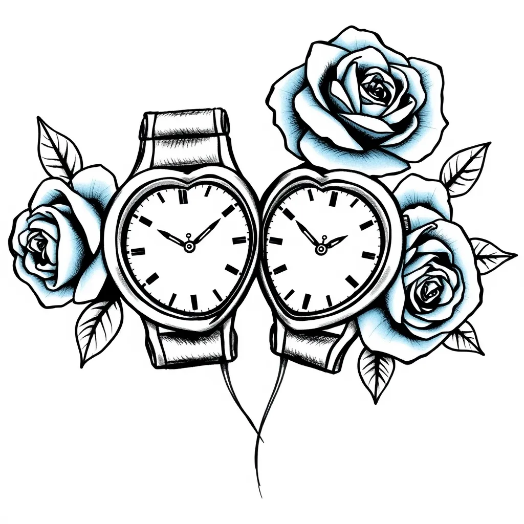 deux montres en forme de coeur et deux roses couleur cyan sur le côté tatoeage