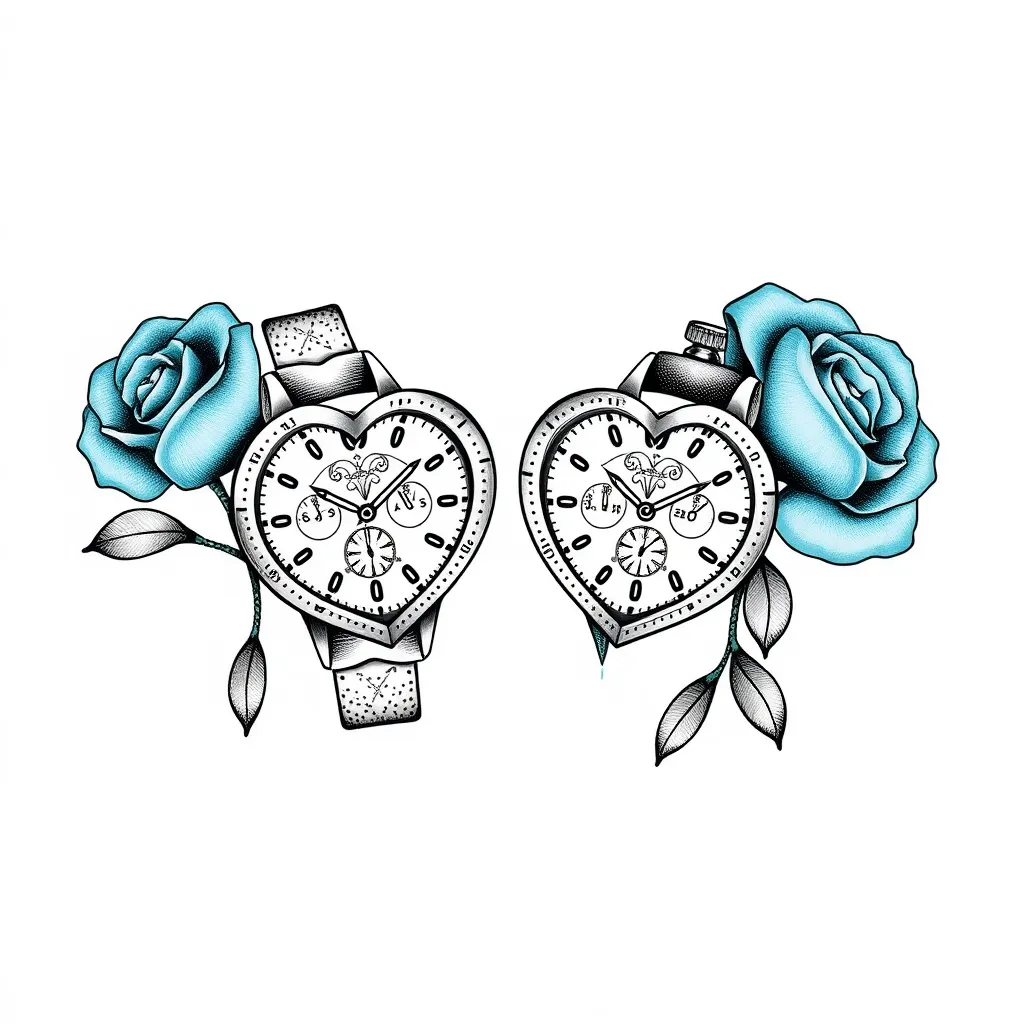 deux montres en forme de coeur et deux roses couleur cyan sur le côté وشم