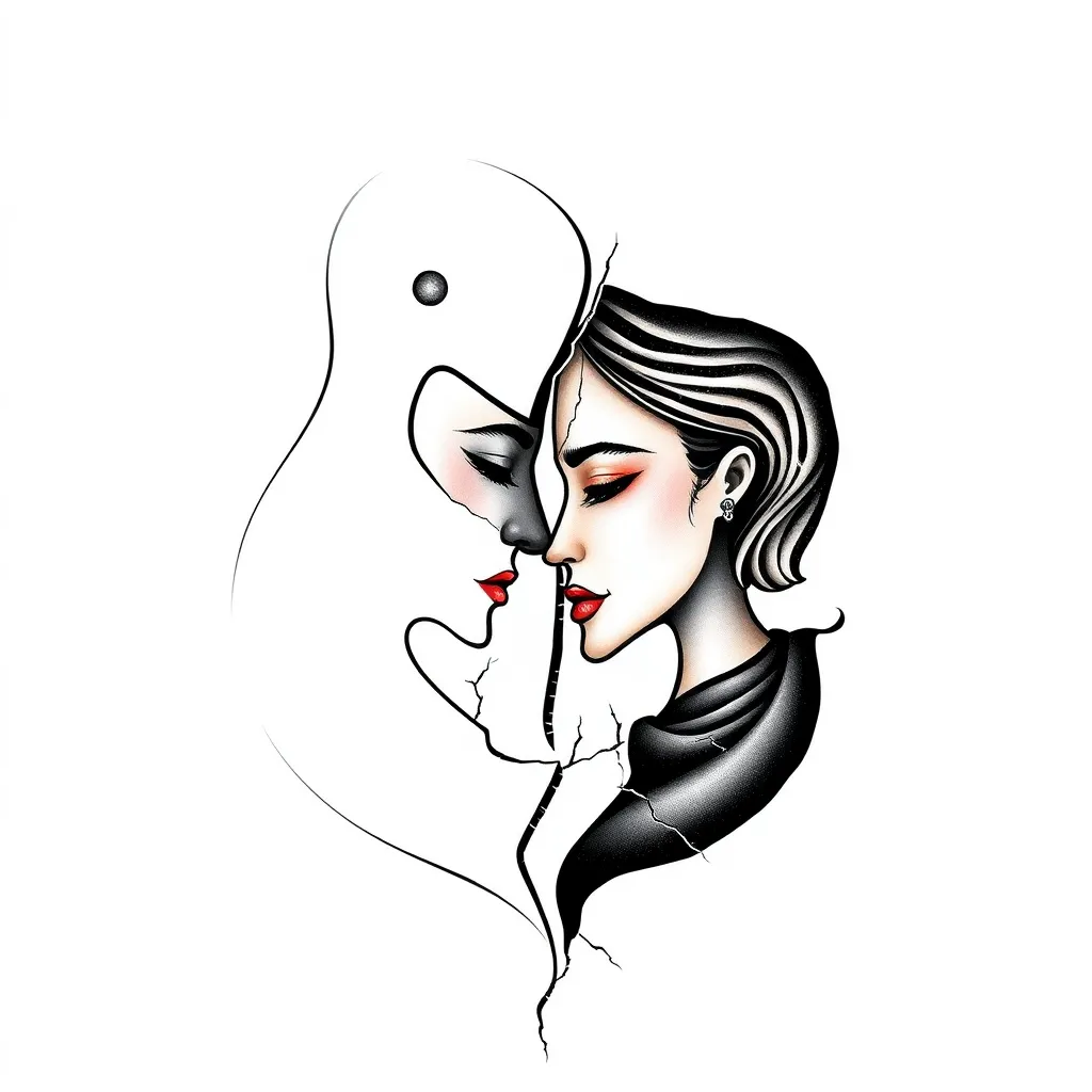 • Deux figures entrelacées : Une silhouette noire et une blanche, leurs contours formant un yin-yang ou une danse harmonieuse.
• Des visages côte à côte : Un visage noir et un visage blanc se touchant du front, symbolisant un lien malgré leurs différences.
• Un miroir brisé : Une femme blanche et une femme noire se reflétant l'une dans l'autre, séparées par des tissures.
 dövme