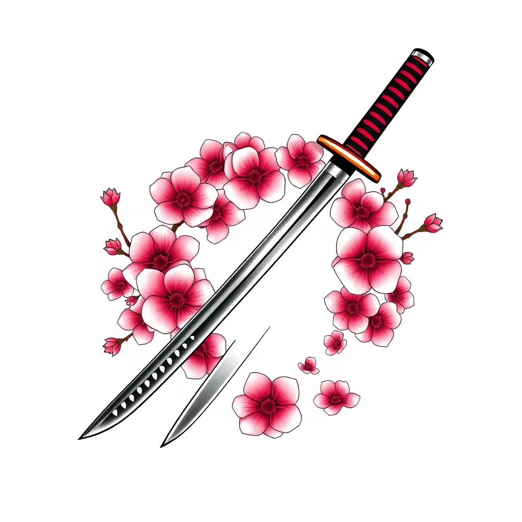 deux katana dans un rond former de fleurs de sakura Tätowierung