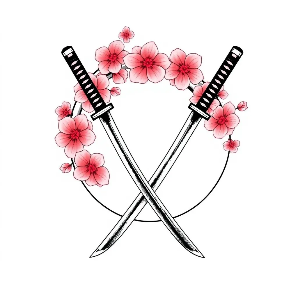 deux katana dans un rond former de fleurs de sakura tattoo