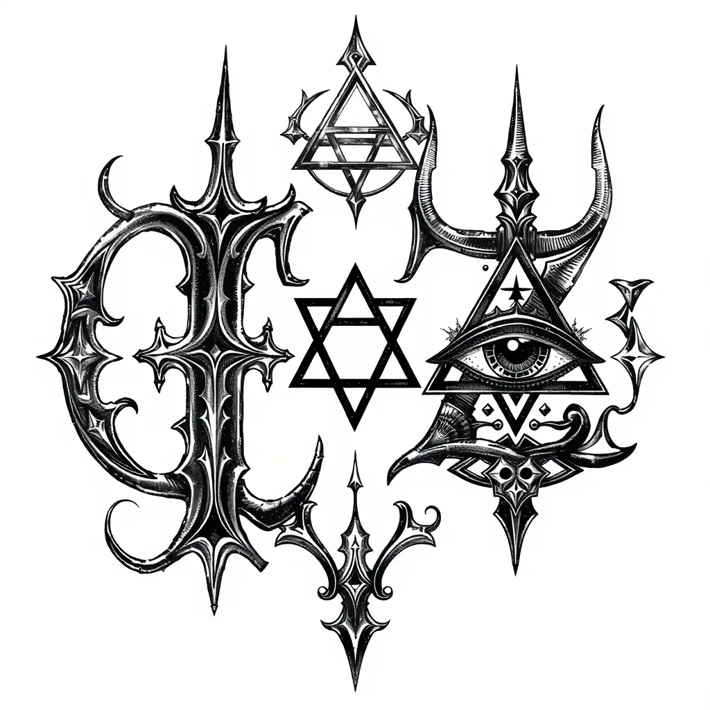 Two letters c and z combined, with patterns of metals, black pentagon metals, inverted triangle Satan, devil, inverted triangle Horus Eye 在背部 dövme