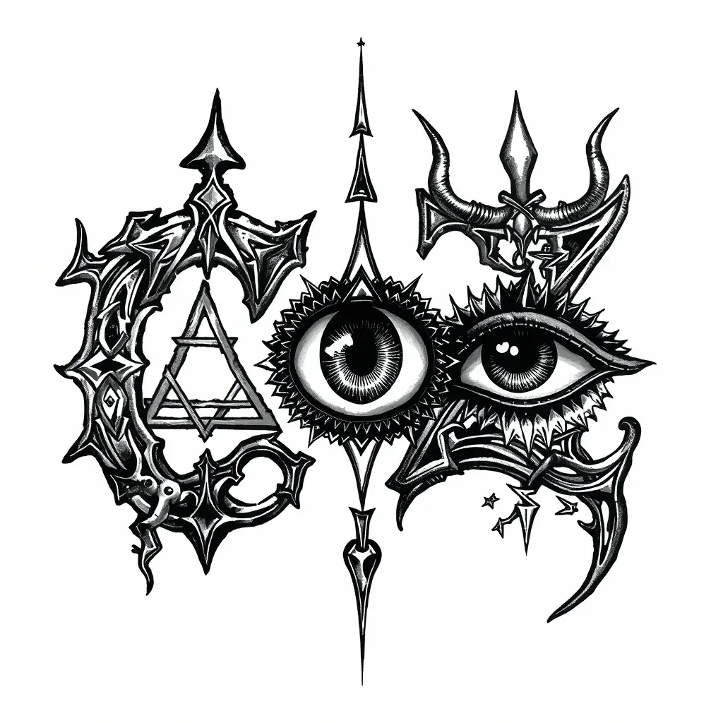 Two letters c and z combined, with the patterns of metal, black metal pentagon, inverted triangle Satan, devil, electric and a large Horus Eye All-Seeing Eye dövme