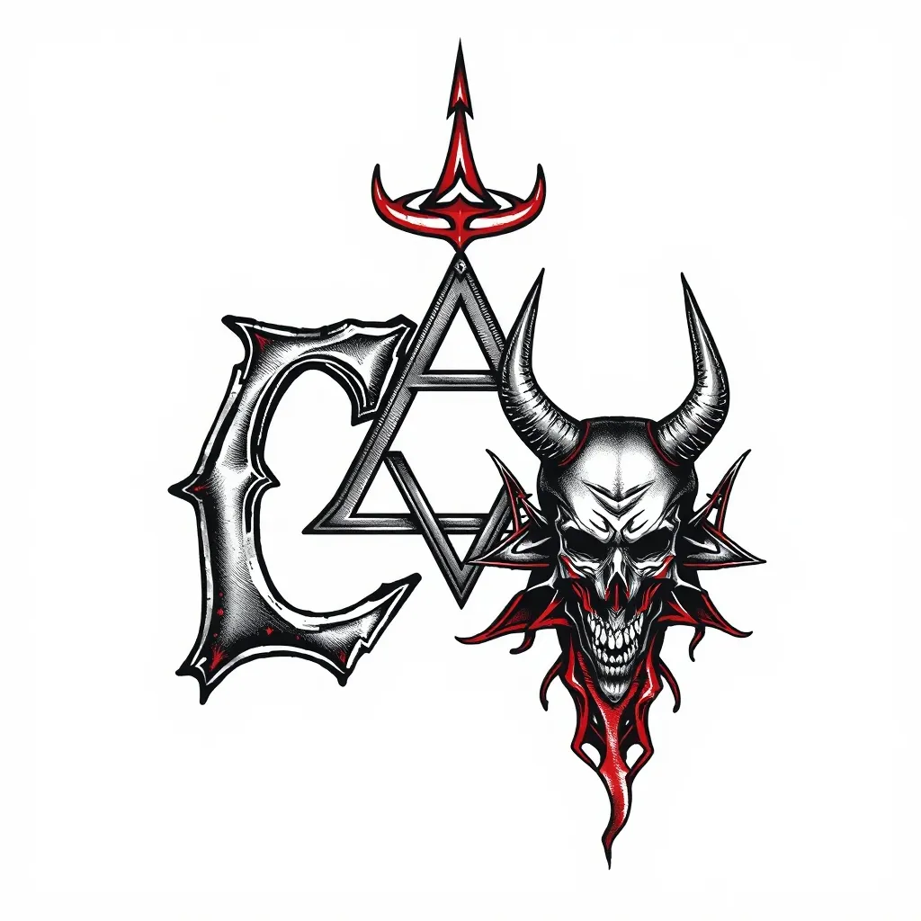 Two letters c z combined, with the pattern of metal, black metal, pentagon, inverted triangle, Satan, devil, electric tatuointi