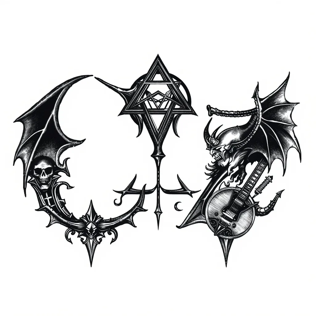 Two letters c z combined, with the pattern of metal, black metal, pentagon, inverted triangle, Satan, devil, electric guitar, drum . tatuointi