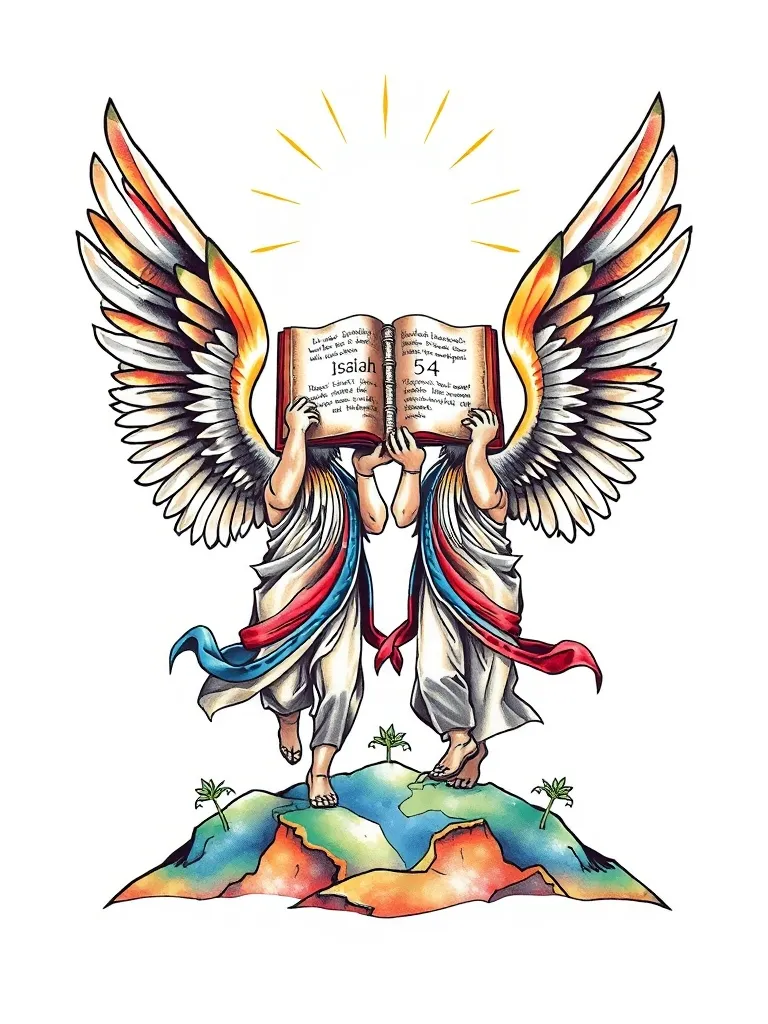 Deux anges masculins portant une grosse bible au dessus de leur tête marchants sur terre et au dessus d'eux le ciel avec un grand portail ouvert et sur la bible il est écrit Ésaïe 54 문신
