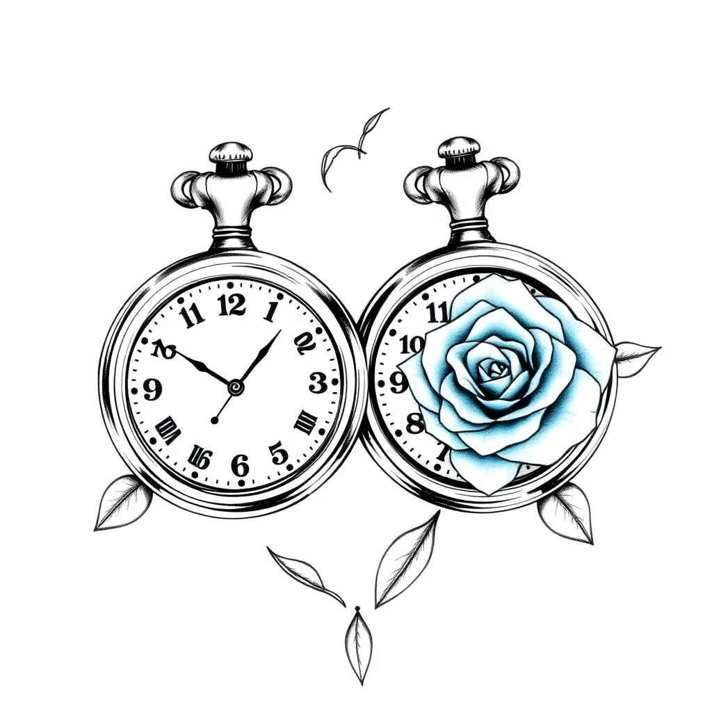 deux montres à gousset formant un coeur, deux roses couleur cyan وشم