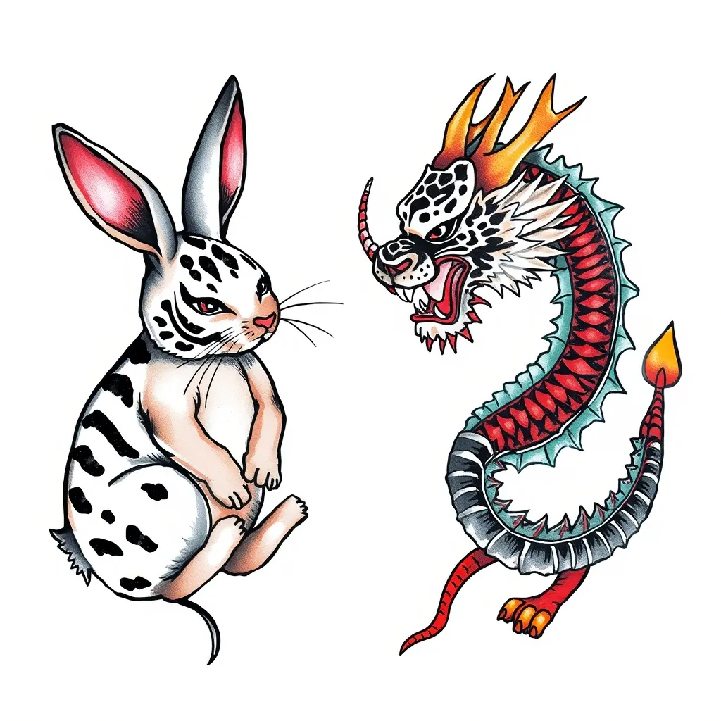 两只兔子一个老虎一个龙，做成生肖守护纹身 tatuagem