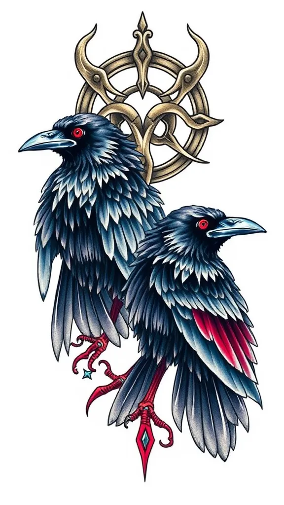 deux corbeau de odin avec le valknut en fond tatuagem