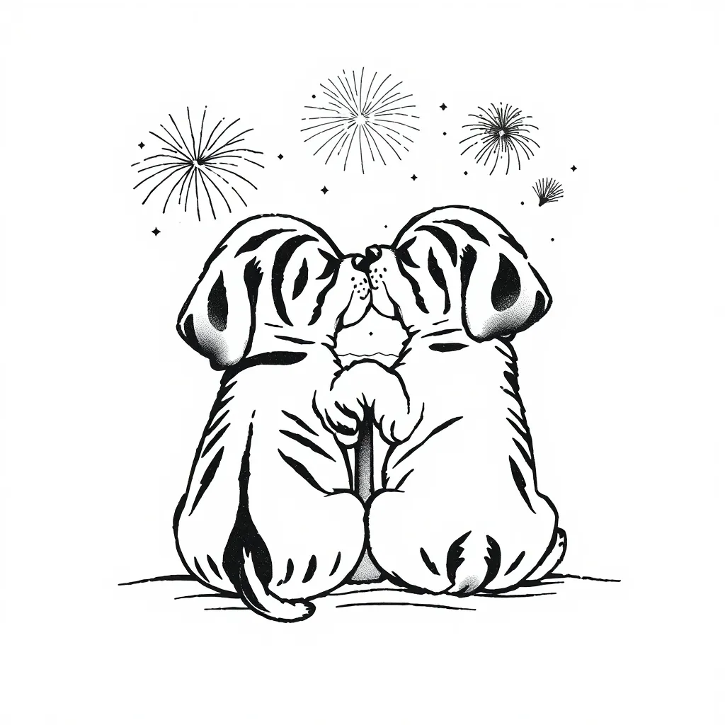 两只线条小狗依偎在一起 身上有一条枷锁 面向大海和烟花 وشم