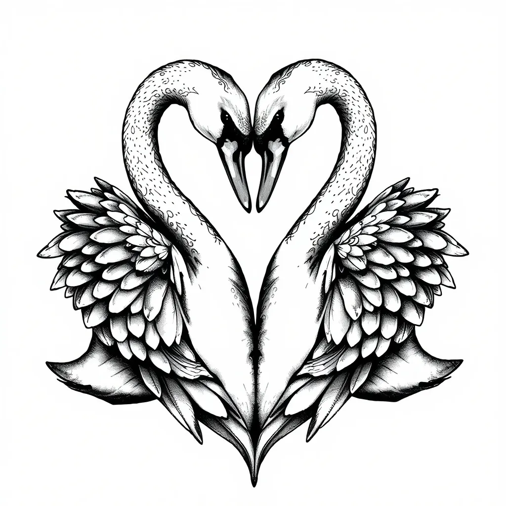 Dos cisnes encontrados haciendo un corazón con sus caras en un diseño realista saturado solo en negro τατουάζ