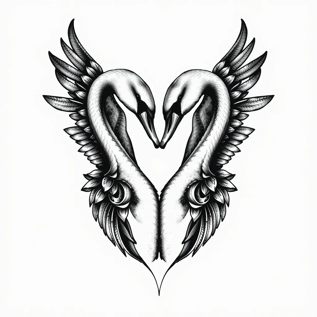 Dos cisnes encontrados haciendo un corazón con sus caras en un diseño realista saturado dolo 문신