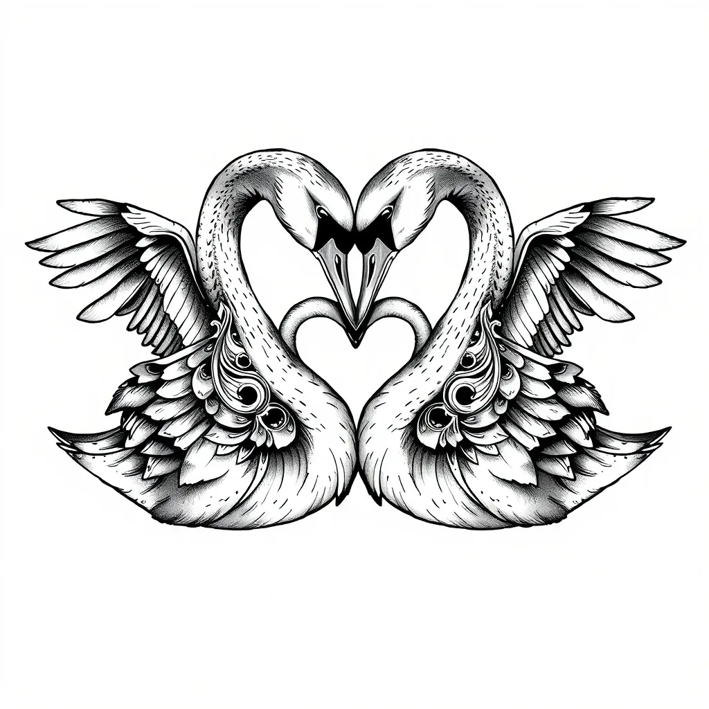 Dos cisnes encontrados haciendo un corazón con sus caras en un diseño realista saturado solo en negro τατουάζ