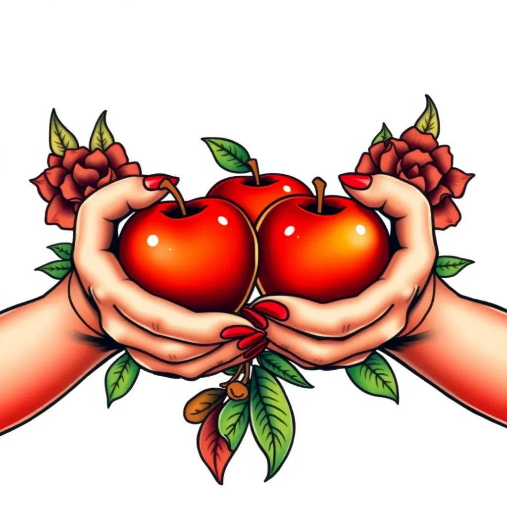 Two women's hands holding apples tattoo