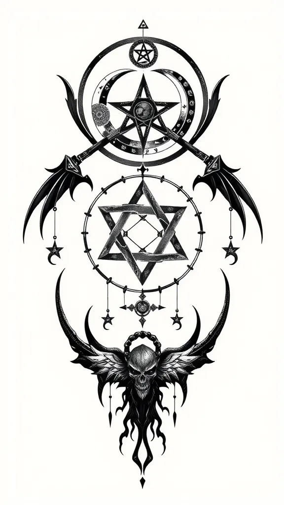 Tyler & Chamarellein paganic style tattoo, featuring ancient symbols, add vegvisir symbol, mystical figures, incorporating designs, pentagrams, runes, crescent moons,in paganic style tattoo, featuring ancient symbols, add vegvisir symbol, mystical figures, incorporating designs, pentagrams, runes, crescent moons, tatuaje