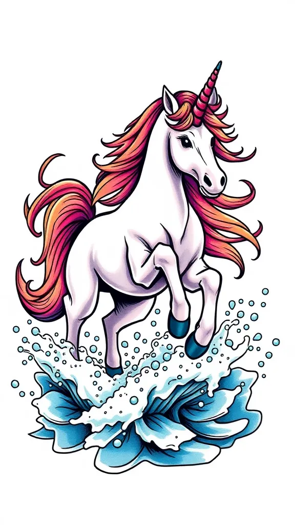 Licorne courant sur l'eau tattoo