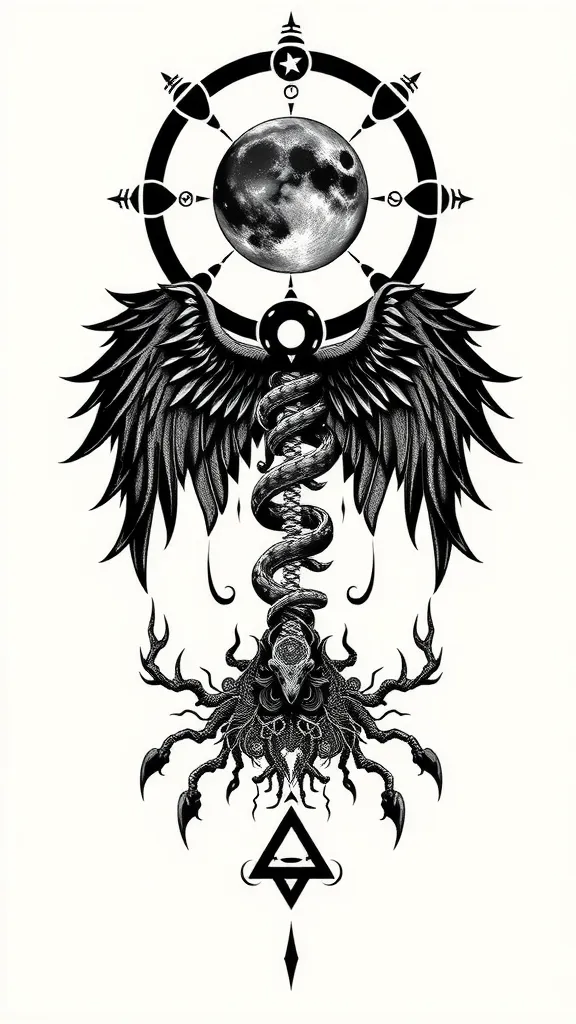 Upper Back : Fragmented lunar phase ring + Nebula vortex + Runic halo
Mid-Back: 16-section spinal totem column (fusion of raven/snake/deer features) + Energy channels
Lower Back: Radiating root network + Keystone rune triangle tatuering