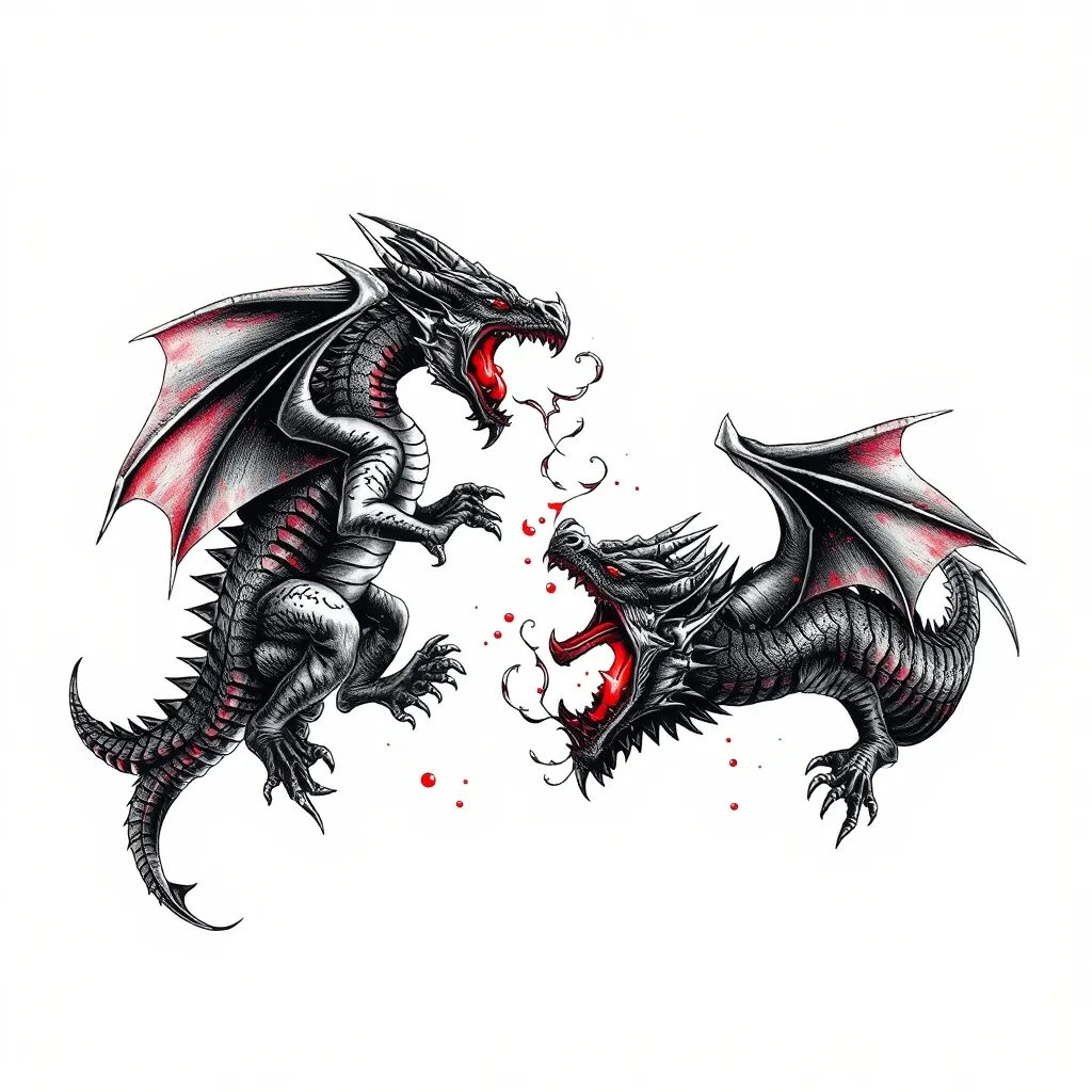 combat violent entre 2 dragons, dans un style réaliste et horrifique tatuaje