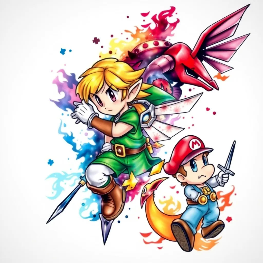 Want to work current tat into a half sleeve similar theme , gaming also like avatar the last air bender and elements. Would like some color lo e nintendo. Would teally like tk work the current themes of tat in so smash bros , zelda ,pokemon and mario games. Wolug like broght colors but true to orginal designs. Really enjoy cell shaded zelda. Mario smash and pokemon styles i like them all tatuering