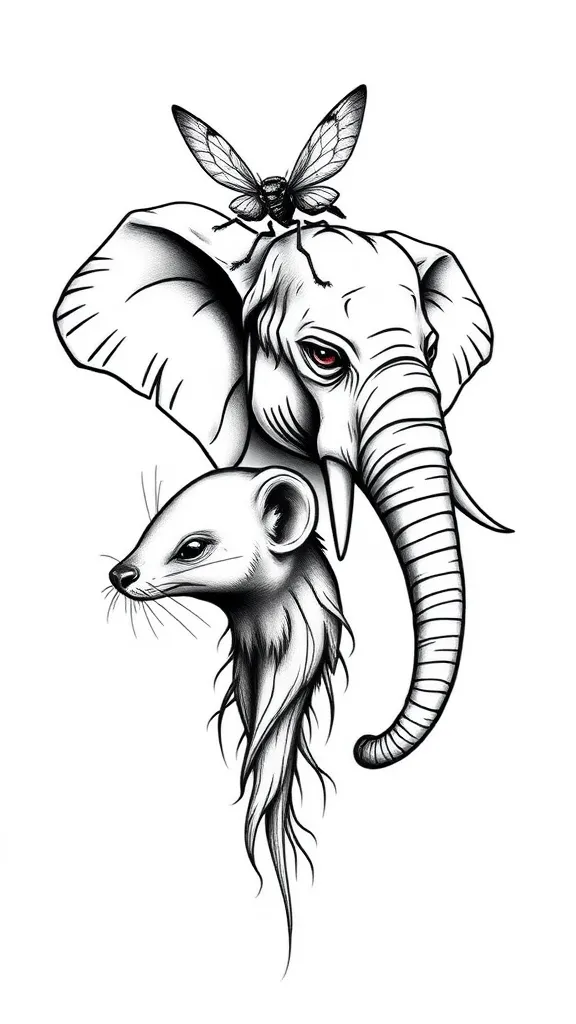 Warhammer-style tattoo so I want a female elephant and a male weasel. A bug on one person's face and a bug on the other person's face and combine the two to create a creative animal image. tattoo