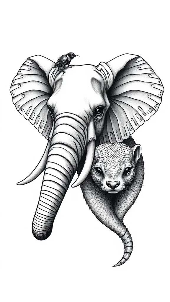 Warhammer-style tattoo so I want a female elephant and a male weasel. A bug on one person's face and a bug on the other person's face and combine the two to create a creative animal image. tattoo