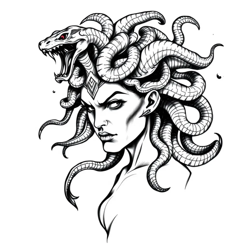 médusa guerrière femme avec des cheveux qui sont des serpents agressifs tattoo